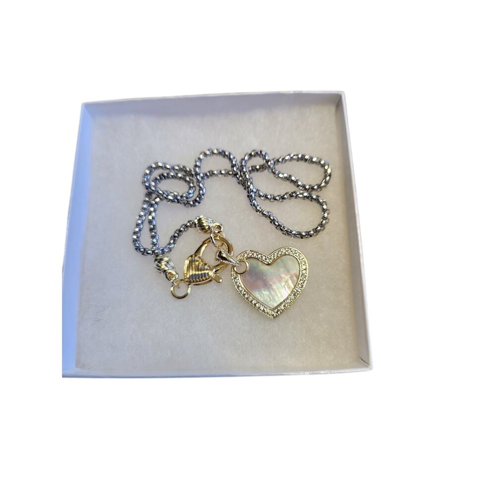 NIB Two Tone Heart Necklace Mother of Pearl Pendant Gold Silver Toggle Clasp